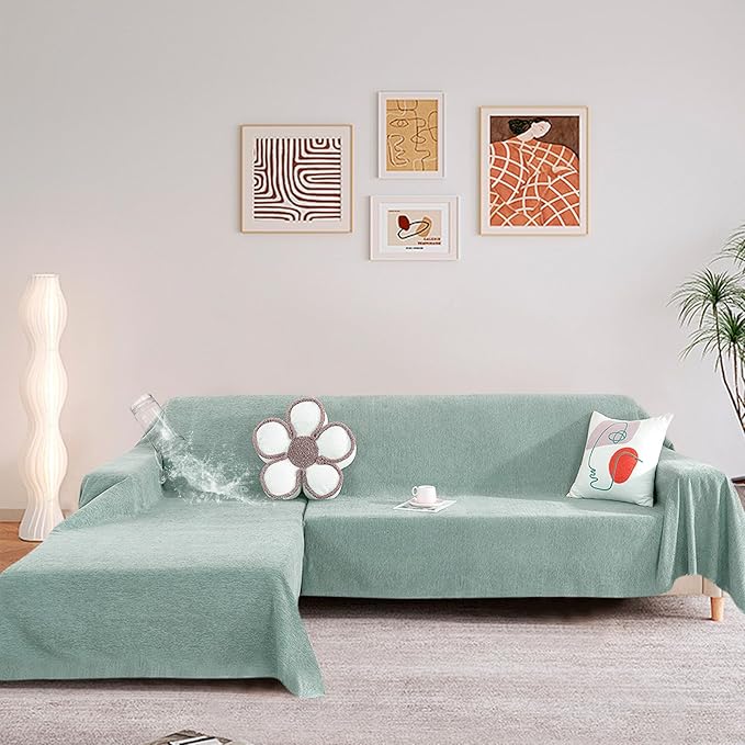 STACYPIK 100% Waterproof Sea Green Sofa Covers, Couch Cover for Sectional, Anti-Cat Scratch Furniture Protector, Washable Jacquard Sofa Cover for Dogs, Kids, Wear Resistant Sofa Slipcover-71X102IN