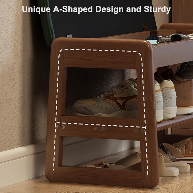 Shoe Rack Bench with Leather Cushion,2 Tiers Shoe Bench with Flip-Top Storage,Wood Shoe Rackh for Entryway,Hallway（Green,31.5"）