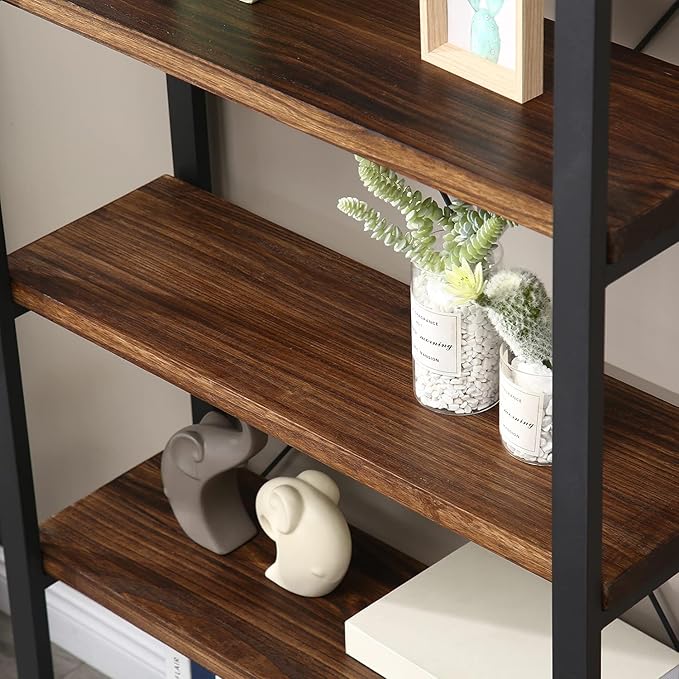 5 Tier Bookcase, Solid Wood Bookshelf Rustic Vintage Industrial Etagere Bookcase, Metal and Wood Free Vintage Bookshelf, Retro Brown (Real Wood) (5-Tiers)