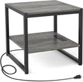 Homieasy End Table with Charging Station, 20 Inch Mini Fridge Stand with 2-Tier Open Shelf, Square Bedside Nightstand & Sofa Side Table for Living Room, Dorm, Office,Black Oak