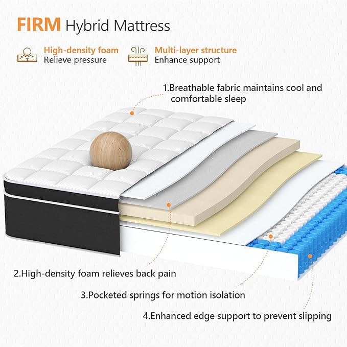 Queen Mattress, 10 Inch Hybrid Queen Bed Mattress with Gel Memory Foam and Pocketed Springs, Bed in a Box, Pressure Relief and Motion Isolation, Breathable & Comfort Feel, CertiPUR-US