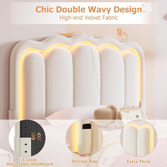 Twin Upholstered LED Bed Frame with Storage Drawer and Adjustable Chic Double Wavy Headboard, Velvet Princess Platform Bed for Kids/Girls, Solid Wood Slats Support, No Box Spring Needed, Beige
