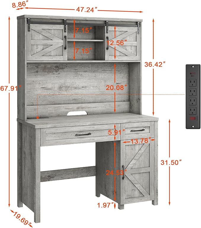 Farmhouse 47" Executive Desk, Computer Desk with Drawers and Storage Cabinet, Workstation with Hutch for Home Office