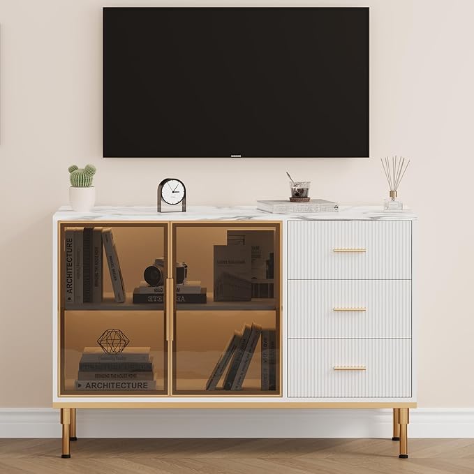 Buffet Sideboard Cabinet with Storage, 46.4" Large Fluted Kitchen Sideboard Cabinet with 2 Glass Doors 3 Drawers and Shelves, Faux Marble Top Buffet Table for Dining Room, Living Room, White