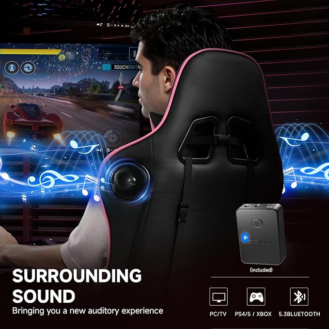 GTPLAYER Gaming Chair with Bluetooth Speakers and Footrest, Ergonomic Gamer Chair with Reclining Backrest, 3D Armrests, Adjustable Seat Height, Computer Desk Chair for Adults (Colourful)