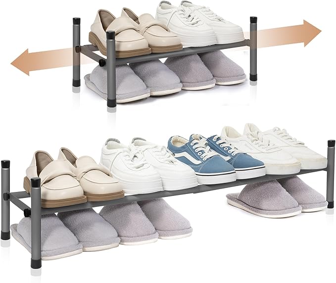 STORAGE MANIAC Expandable Shoe Rack, 4 Pairs Stackable Small Shoe Rack, Metal Adjustable Shoes Organizer for Closet, Entryway, Hallway, Garage, Front Door, Shoes Shelves, Black 1 Tier