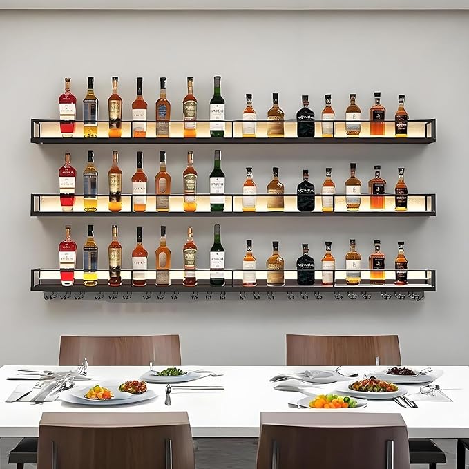78.7in Wall-Mounted Metal Wine Rack with LED Lights 3-Tier Floating Bar Shelves with Wine Glass Rack Large Wine Bottle Display Rack Hanging Shelf, for Home Bar Decorative (Gold, 200cm/78.7in)