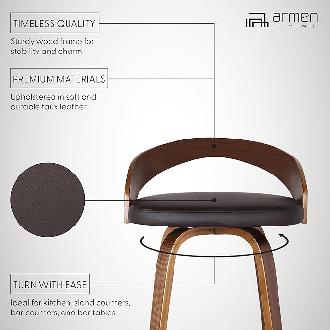 Armen Living Sonia 26" Counter Height Swivel Brown Faux Leather and Walnut Wood Bar Stool - Set of 3