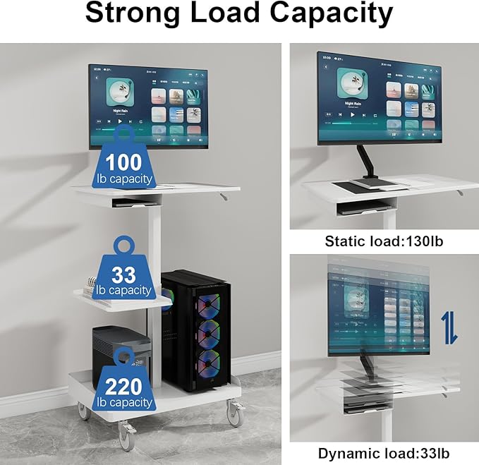 Natwind Mobile Workstation Cart with Monitor Mount,Height Adjustable Rolling Computer Cart, Heavy-Duty Rolling Standing Desk with CPU Holder for Home Office, School,Warehouse, Medical, Workshop