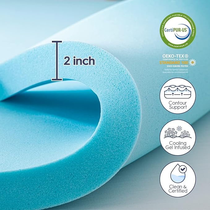 ELEMUSE Dual Layer 3 Inch Memory Foam Mattress Topper Twin XL, Dorm Room 2 Inch Cooling Gel Memory Foam Plus 1 Inch Down Alternative Pillowtop Mattress Pad, College Essential, Comfort Support, Grey
