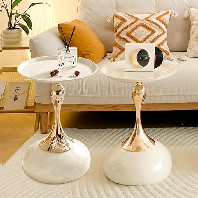 Modern Round Side Table with Gold Pedestal Base, Black Metal Top, Accent End Table for Living Room (Cream White+Cream White)