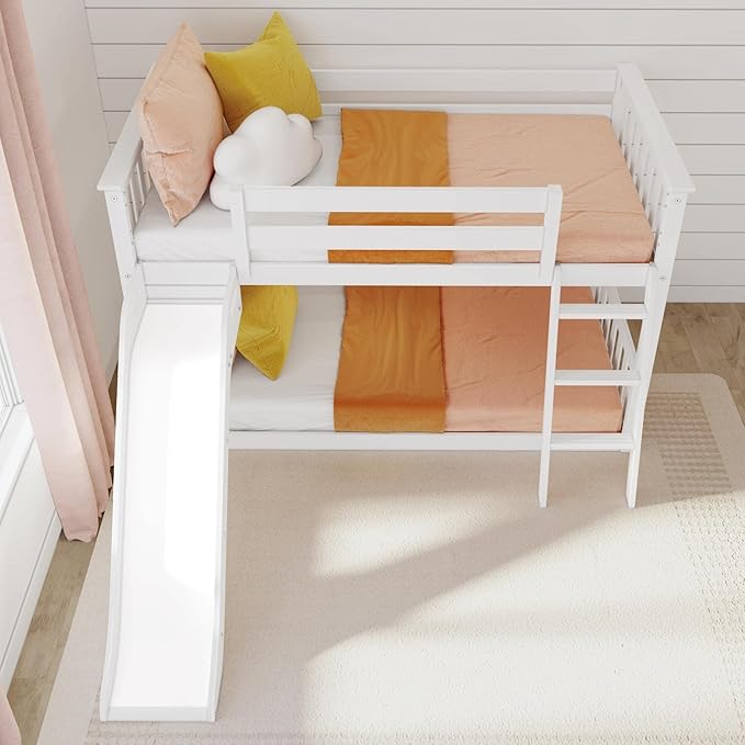 Max & Lily Solid Wood Twin Over Twin Size Low Bunk Beds for Kids with Slide and Ladder, 400 lbs Weight Capacity, 14" Safety Guardrail, Anti-Slip Steps, White