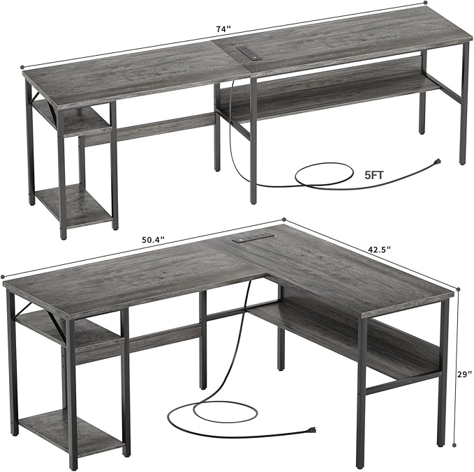 Reversible L Shaped Gaming Desk with Power Outlets and USB Charging Ports, Sturdy Computer Desk with Storage Shelf, Modern Corner Desk Home Office Table, Easy to Assemble, Gray Oak