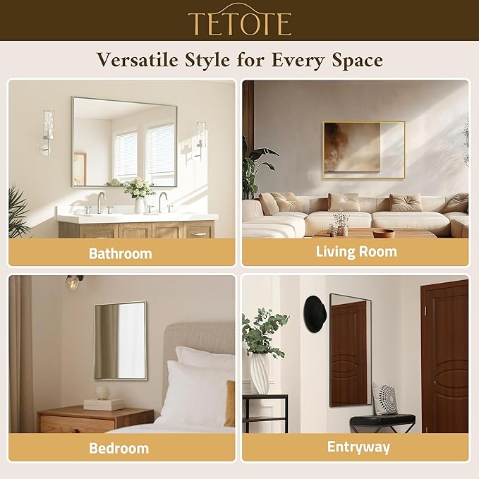TETOTE Brushed Nickel Bathroom Mirror for Over Sink 40" x 24" Brushed Nickel Beveled Framed Rectangle Vanity Mirror for Bathroom, Bedroom, Entryway, Living Room, Tempered Glass, Stronger Frame