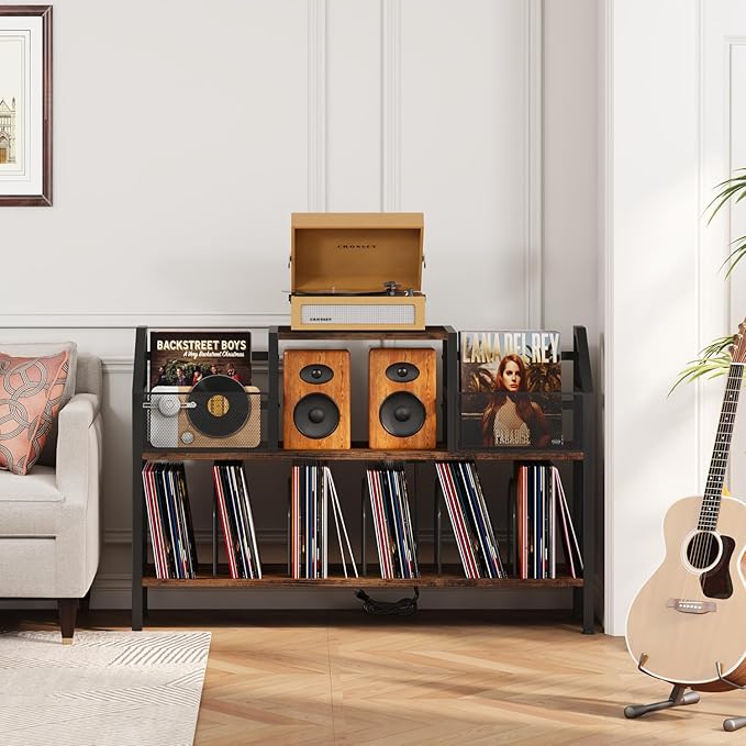 Homeiju Record Player Stand Holds up to 500 Albums,Turntable Stand with Vinyl Record Player Storage Cabinet,Large Record Player Table Vinyl Album Storage（Patent Pending）