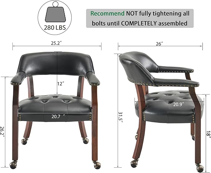LEEMTORIG Large Dining Chairs with Casters and Arms, Rolling Dining Chairs with Wheels, Accent Game Chairs Boss Caption's Chairs, 26" D x 25.2" W x 31.5" H, Cherry Legs & Black SY-1533-BK