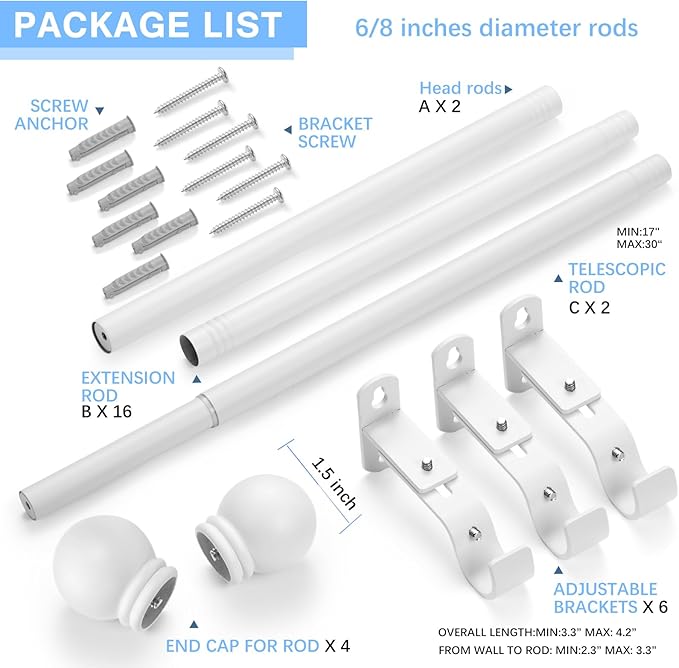 Curtain Rods for Windows 16 to 150 Inches, Curtain Rod Max Adjustable Length of 160 IN, 6/8" Diameter Drapery Rods Round Finials, White, Pack of 2