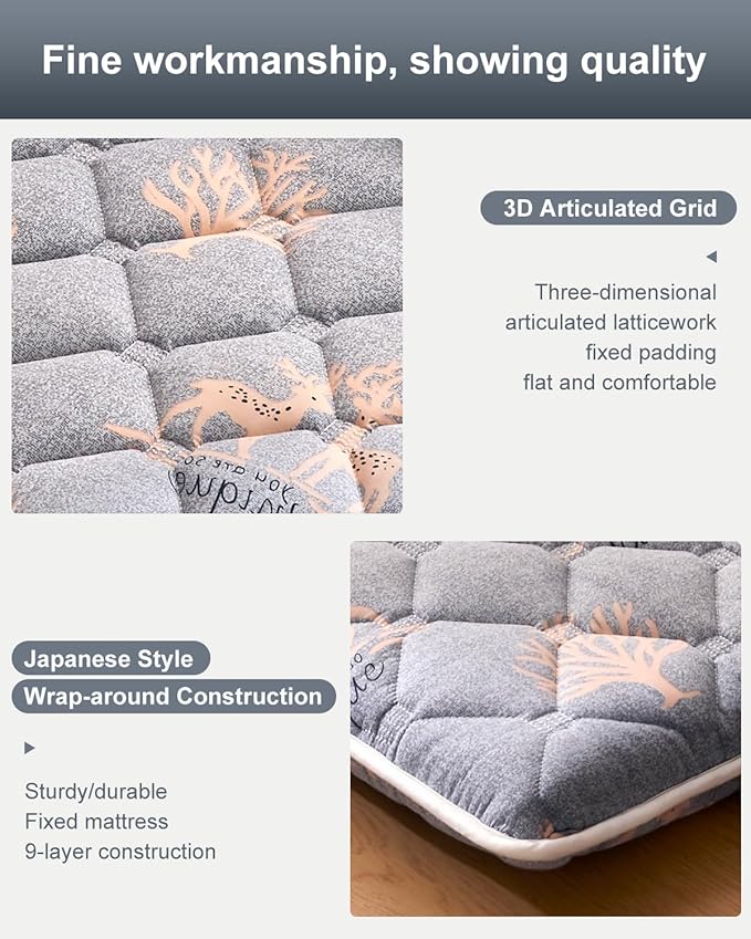 6th Generation Japanese Floor Futon Mattress - Extra-Thick 9-Layer Modern Futon with 100% High-Density Foam, Portable Floor Mattress Sleeping Pad for Adults, Guest Room, Dormitory,Single Size(25"X75")
