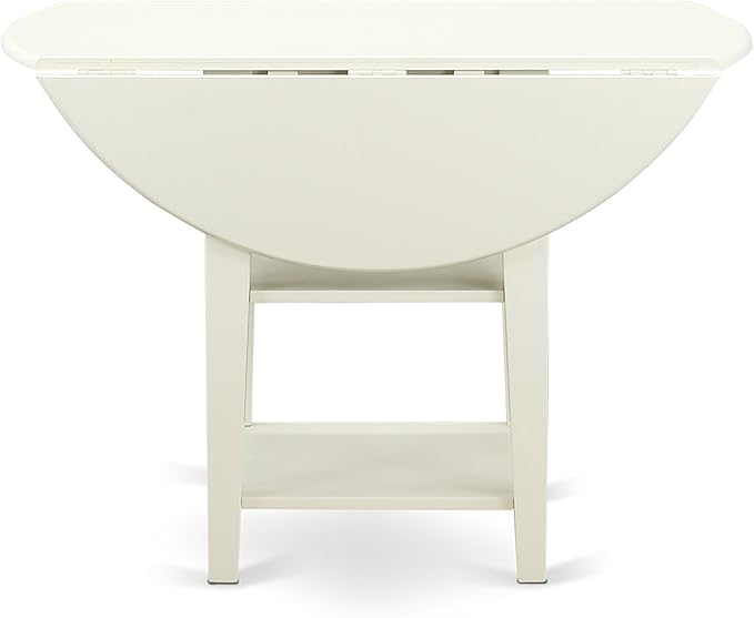 East West Furniture SUDA3-LWH-W 3 Piece Dining Room Table Set Contains a Round Dining Table with Dropleaf & Shelves and 2 Wood Seat Chairs, 42x42 Inch, Linen White
