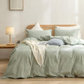 BESTOUCH Duvet Cover Set 100% Washed Cotton Linen Feel Super Soft Comfortable Chic Lightweight 3 PCs Home Bedding Set Solid Sage Green Full/Double
