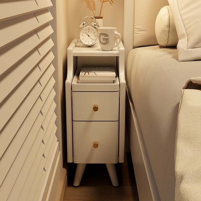 Small Nightstand with Drawers, Solid Wood Bedside Table, Narrow White Nightstand for Bedroom