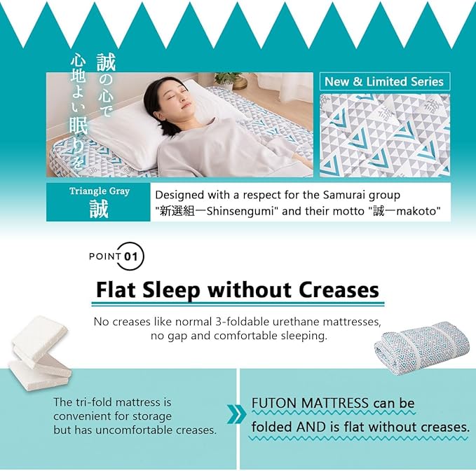 EMOOR Japanese Padded Futon Mattress Machi Full Triangle-Gray (Shinsengumi Makoto), Gusset Foldable Storable Elastic Bands Floor Sleeping Guest Bed Tatami Mat