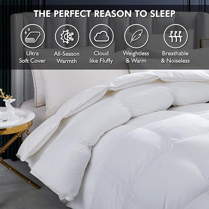 Luxurious White Solid Heavy Weight, Palatial King Size Goose Feathers Down Comforter for Winter Weather, 120 X 98 inches, Premium Baffle Box, 100% Egyptian Cotton Cover, 95 oz. Fill Weight
