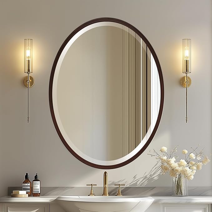 OVALCREST - Oval Wooden Beveled Wall Mirror for Home Decor, Bathroom, Vanity, Bedroom, Living Room, Hallway - London Style (Black Walnut) 19.1 x 25.1
