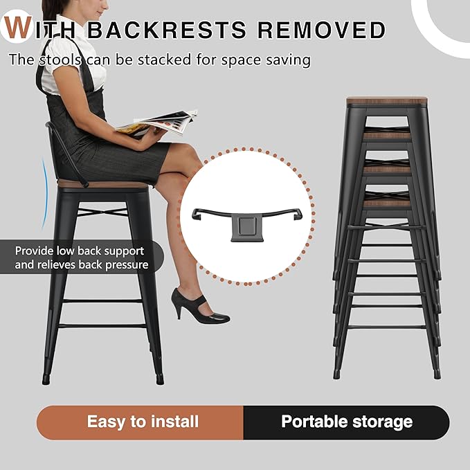 26 Inch Swivel Bar Stools Set of 2 with Backs Counter Height Industrial Metal Barstools Island Bar Chairs for Home Kitchen Dining Room (Swivel 26 inch,Matte Black Wooden)