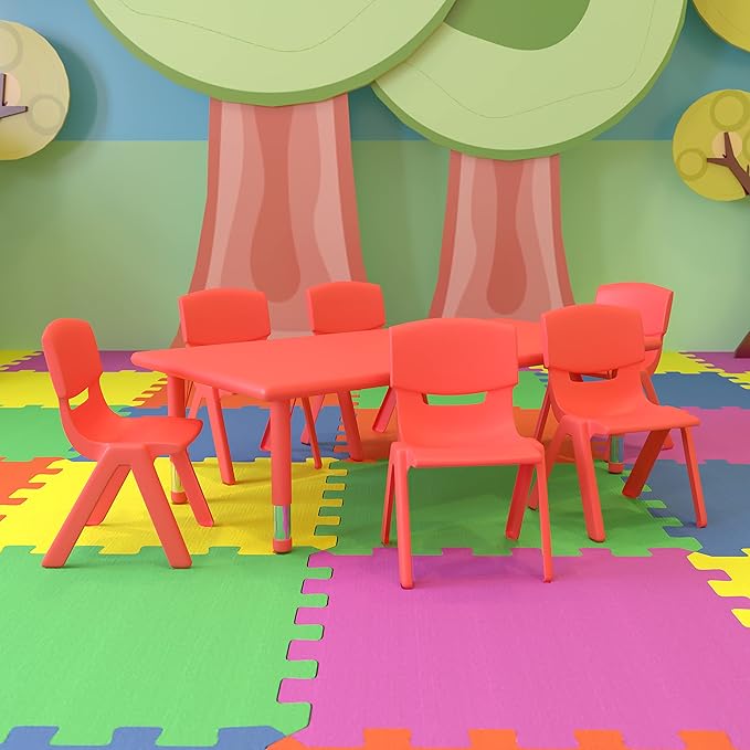 Flash Furniture Emmy 24''W x 48''L Rectangular Red Plastic Height Adjustable Activity Table Set with 6 Chairs