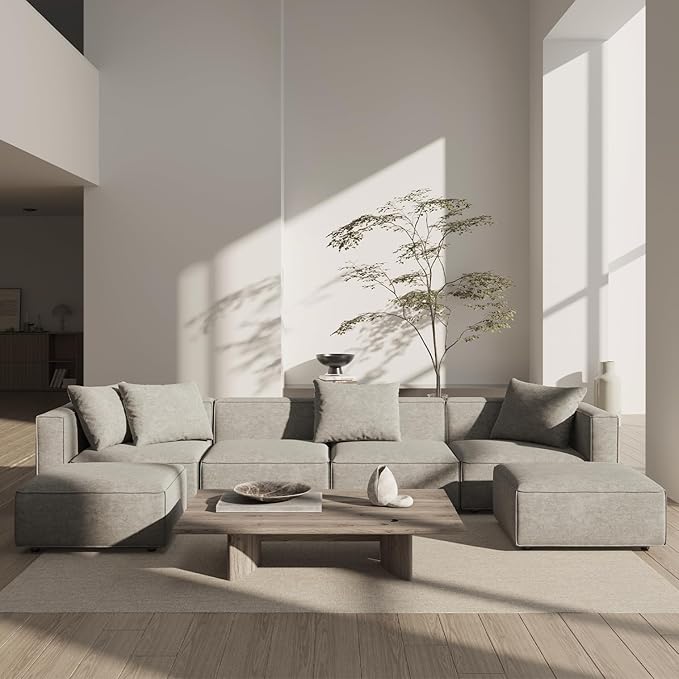 Acanva Luxury Modular Sectional Couch with Moveable Ottoman and Chaise, Modern Minimalist Style Sofa for Living Room, Apartments, U-Shape, Chenille Grey