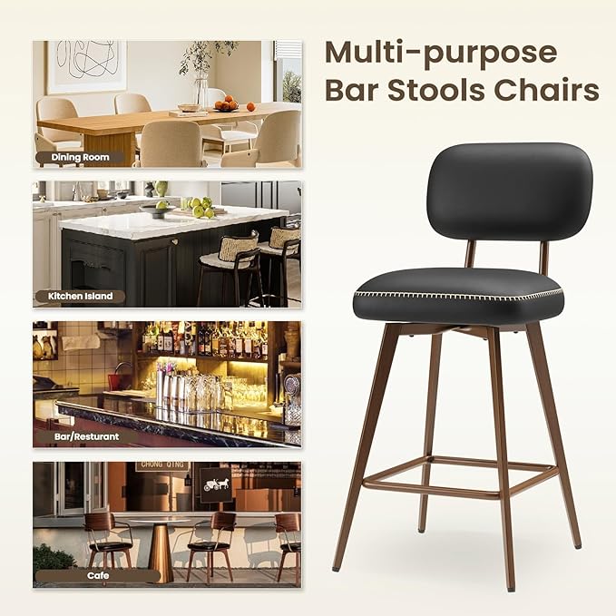Swivel Bar Stools Set of 6, Mid Century PU Leather Counter Height Bar Chairs with Low Back and Metal Legs, Modern Bar Stool Chair for Kitchen Island, Black