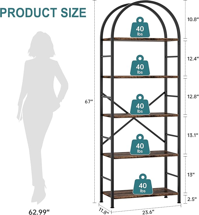 Shintenchi Bookshelf, Arched Bookshelf 5 Tier Bookcase, Tall Shelf for CDs/Books, Home Office Shelf Storage Organizer, Modern Book Shelf for Bedroom/Living Room, Rustic Brown