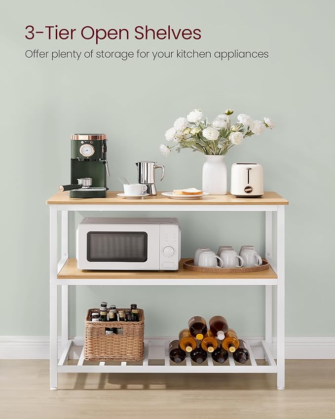 VASAGLE Kitchen Island with 3 Shelves, 39.4 Inches Width Kitchen Shelf with Large Worktop, Stable Steel Structure, Industrial, Easy to Assemble, Oak Color and White UKKI005W09
