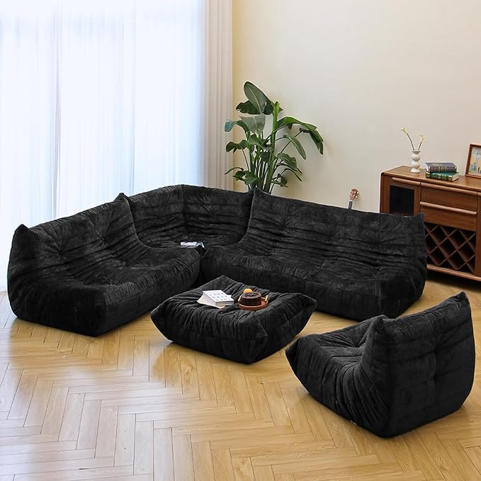 N&V Fireside Chair, Mid Century Armless Floor Sofa, Soft Premium Chenille Floor Lounge Chair, Foam Sofa Accent Chair for Living Room Bedroom and Office (Black, Loveseat)