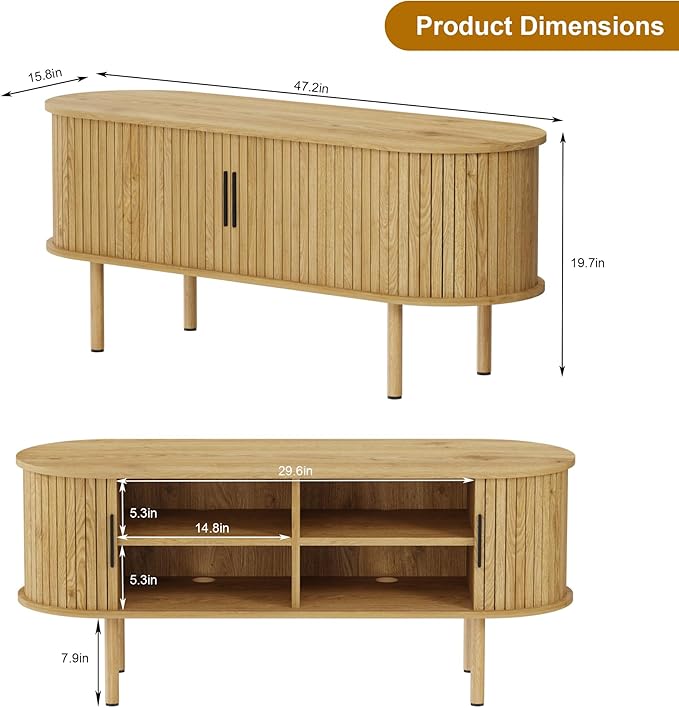 47.2" TV Stand, Modern TV Console Table with Storage Compartment and Sliding Door, Gaming Entertainment Center with Cabinet for Living Room, Bedroom, Office, Oak