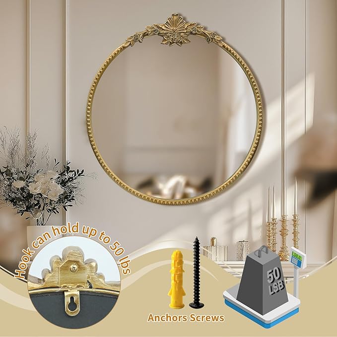 Round Gold Mirror,24inch Baroque Style Vintage Decorative Circle Wall Mirror for Living Room, Bedroom, Bathroom, and Entryway,Antique Gold