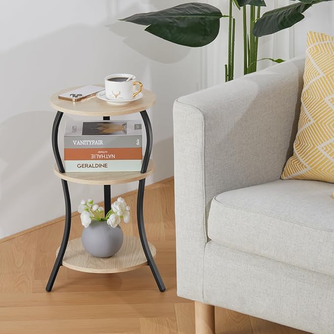 Vintage Small Round Side Table, 3-Tier Slim Waist Circular End Table with Storage Shelf, Compact Tea Sofa Side Table, Round Corner Coffee Table Nightstand for Living Room Bedroom Small Spaces,Oak