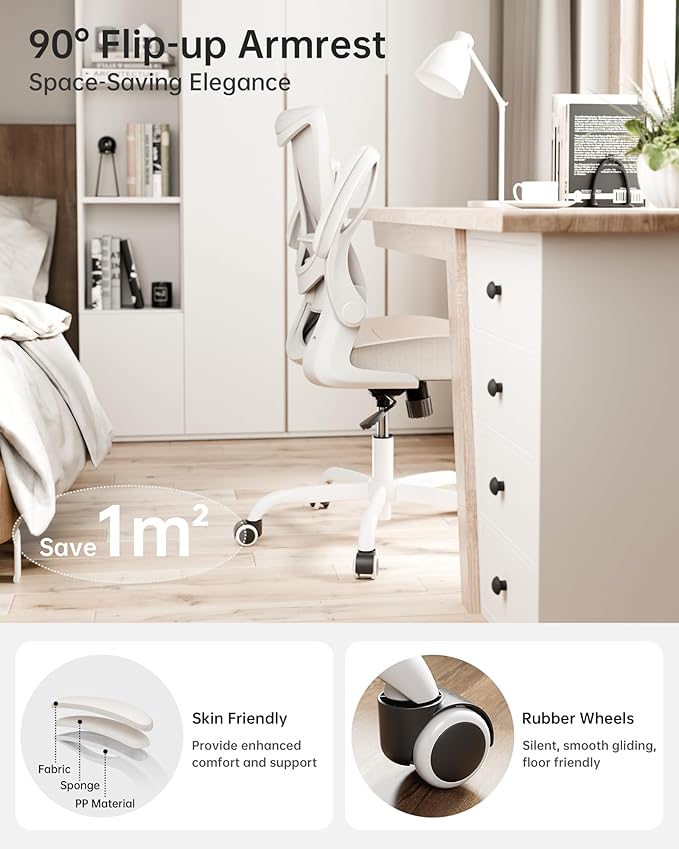 Office Chair, PU Leather Ergonomic Desk Chair with Adjustable Lumbar Support and Flip up Armrest, Breathable Mesh Computer Chair for Home Office, Khaki