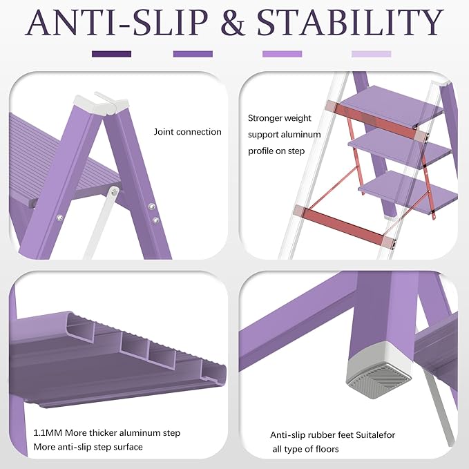 3 Step Lightweight Folding Ladder for Home, 330lbs Aluminum Step Ladder Anti-Slip for Kitchen, Step Stool Foldable Adults for Closet, 330lbs - Purple
