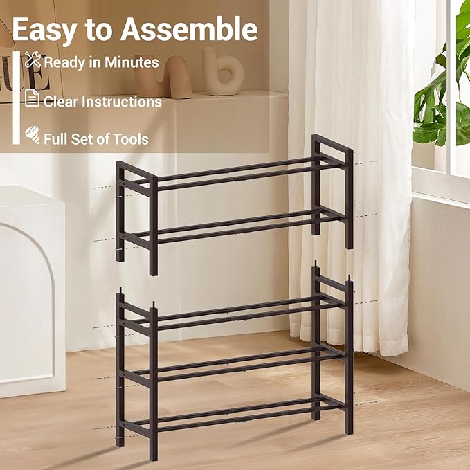 Haddockway Bamboo Shoe Rack for Closet, Free Standing Shoe Organizer with Smooth Round Rods & Convenient Handles, Stackable Shoe Storage Shelf for Entryway, Hallway(Brown, 5-Tier)