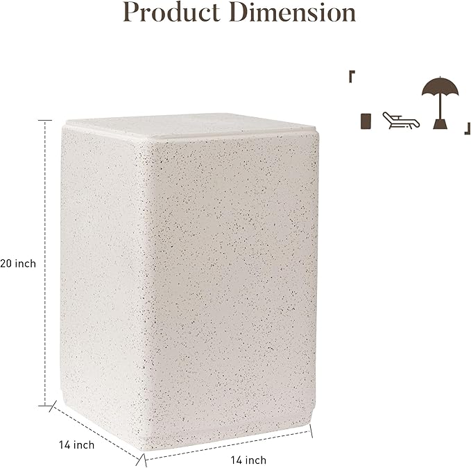 COSIEST 20" Outdoor Side Table, Weather-Resistant Square Concrete End Table for Patio,Durable Small Outside Tables Accent Stool for Garden, Porch, Deck, Balcony & Beach，Speckled White