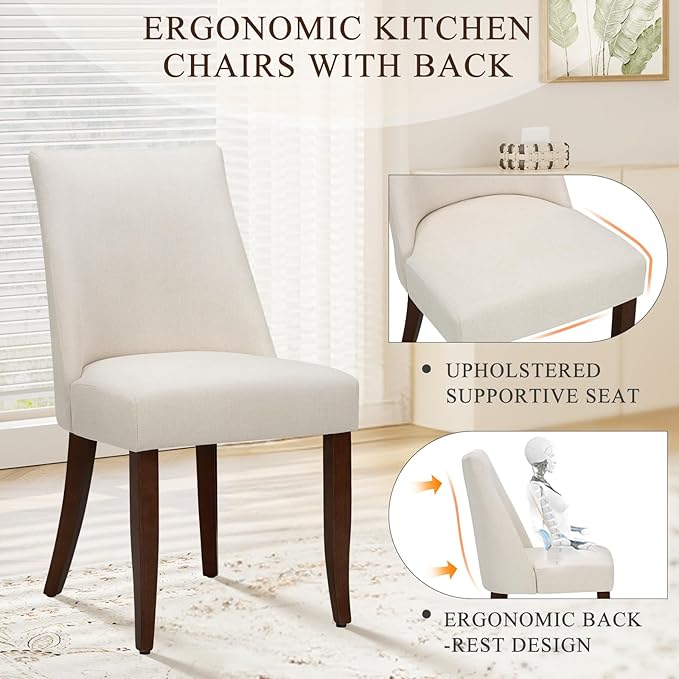 COLAMY Upholstered Dining Chairs Set of 4, Mid Century Modern Kitchen Chairs with Back, Farmhouse Fabric Side Dining Room Chairs with Wood Legs for Dining Room Restaurant, Beige