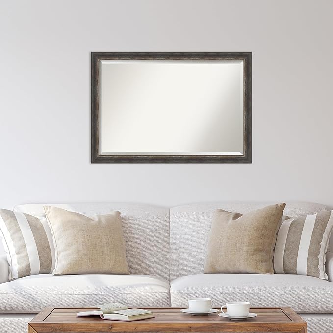Amanti Art Brown Wall Mirror 28x40 Bark Rustic Char Narrow Rectangle Bathroom Mirror for Wall Decor Living Room, Large Rustic Farmhouse Frame, Hangs Horizonally and Vertically, Bathroom Decor, Beveled