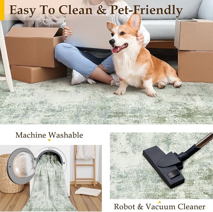 8x10 Washable Area Rug Green Modern Neutral Abstract Living Room Bedroom Indoor Floor Carpet Low Pile Soft Non-Slip Lightweight Vacuumable Large Throw Rug for Nursery Dining Room