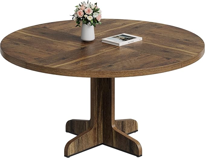 Garvee 47 Inch Round Dining Table for 4, Farmhouse Kitchen Dining Room Circle Dinner Table, Kitchen Dining Room Furniture, Brown (Table Only)