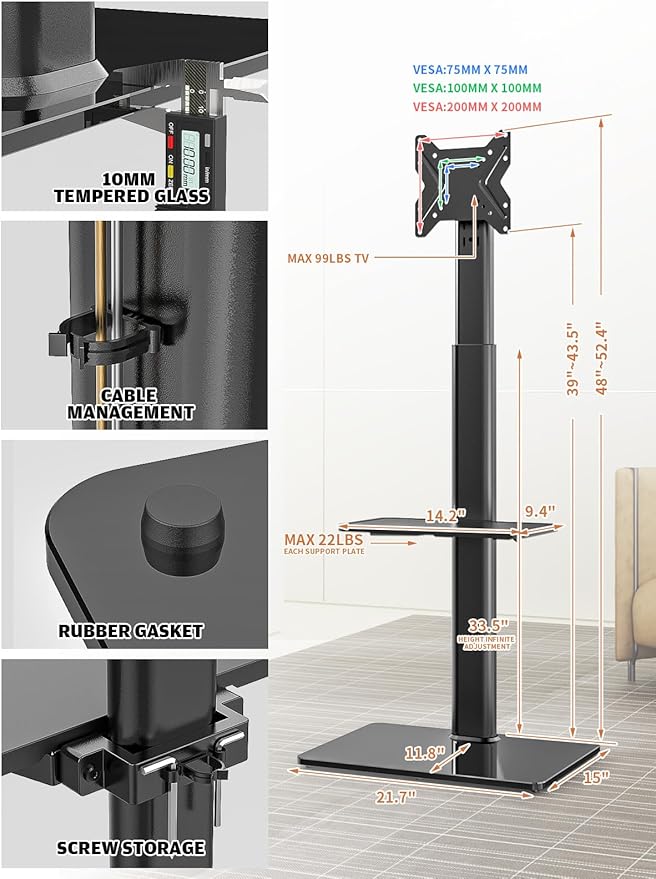Universal Floor TV Stand with Mount for 19 to 43 inch Flat Screen TV, 100 Degree Swivel,Adjustable Height and Tilt Function, 2 Shelves Space Saving Standing TV Mount for Bedroom Living Room Corner