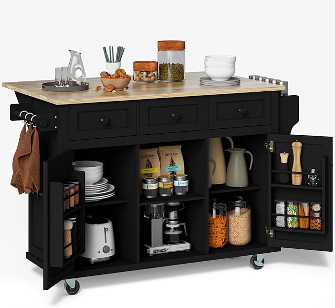 Rovibek Kitchen Island with Drawers 53 in Rolling Island Cart Mobile Solid Wood Portable Islands on Wheels with Storage Cabinet & Drawers, Black