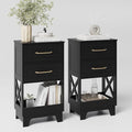 Tall Nightstand Set of 2 Side Table with 2 Drawers Modern Night Stand Wooden End Table Bedside Table with Below Open Shelf Solid Feet for Bedroom, Living Room, Black