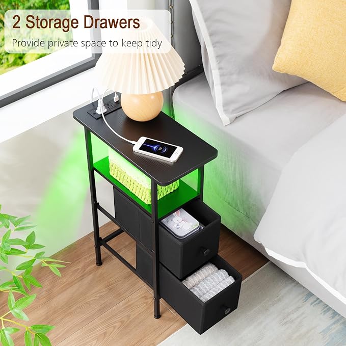 Narrow End Table Living Room with Charging Station, Skinny Side Table with Fabric Drawers, Slim LED Nightstand for Bedroom, Small Spaces, Couch, Black, HETNDP02LBK-1